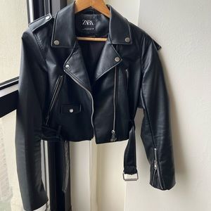 zara women faux leather jacket black, size s